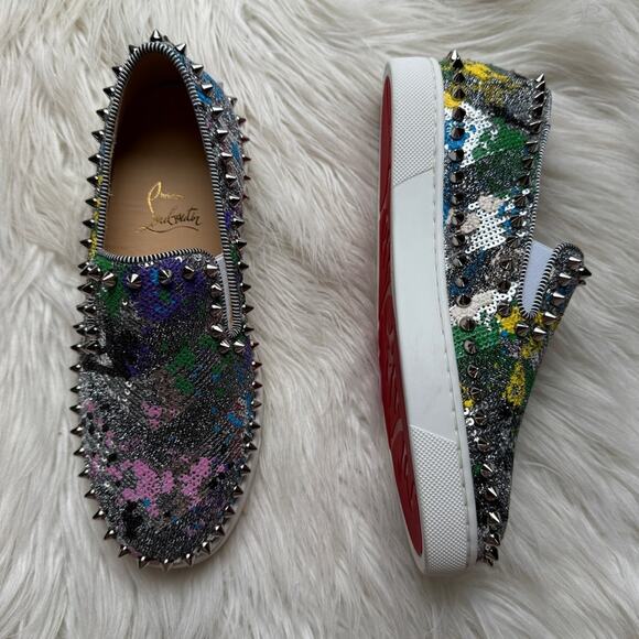 NWT • Christian Louboutin PIK BOAT Sequin Splash Spiked Stud Sneaker Size: 35 - Picture 2 of 12